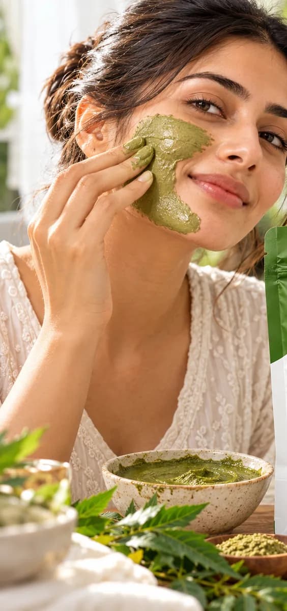 A woman applying a neem face pack